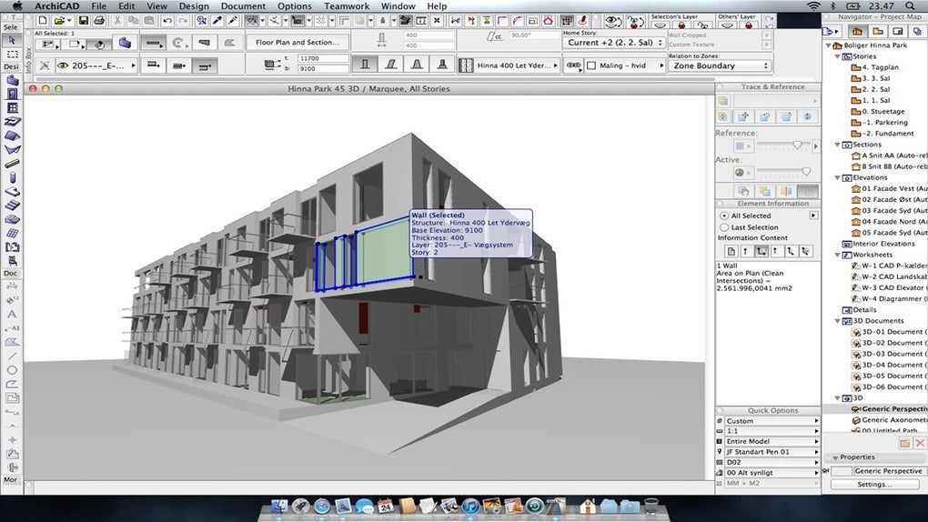 Archicad rodando no macOS, com a barra de menus da Apple no topo e o Dock embaixo, exibindo o modelo 3D de um edifício residencial