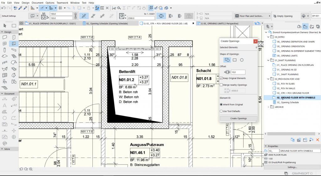 Interface do Archicad com uma planta baixa cotada de um pavimento e o Navegador de Projeto à direita, listando pisos, cortes, elevações e documentos