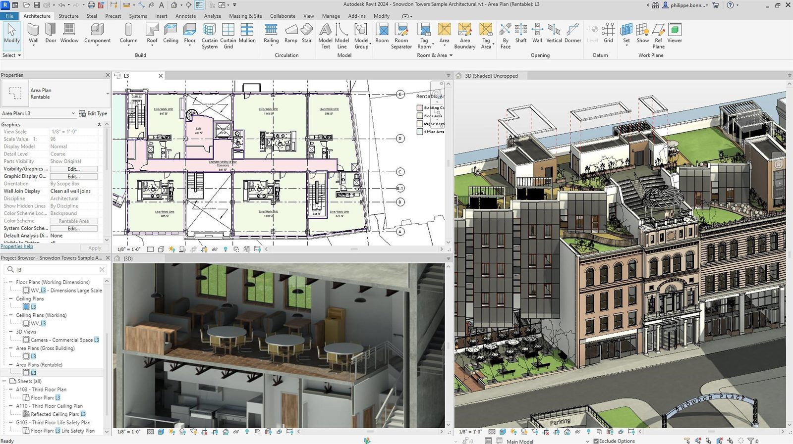 Revit 2024 com a planta de um pavimento, um render de interior e a vista 3D externa de um edifício, além do Navegador de Projeto à esquerda