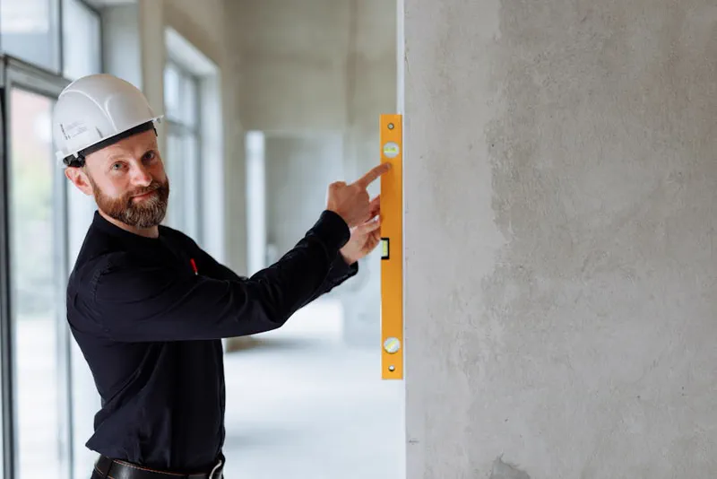 Profissional com capacete usando nível verificando prumo de parede em canteiro de obras