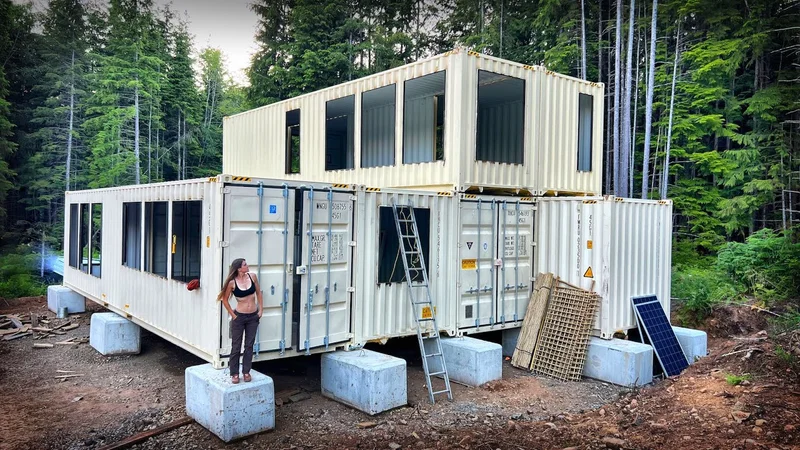 Dois containers brancos empilhados em fundação de blocos de concreto pontuais, em meio à floresta