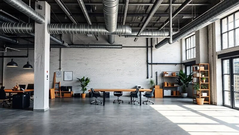 Parede de cimento queimado com tubulações de cobre aparentes.