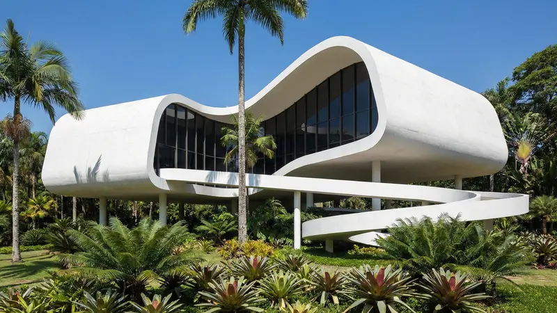 Detalhe da lingueta vermelha do Auditório Ibirapuera, contrastando com o concreto aparente