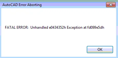 Diálogo AutoCAD Error Aborting com mensagem FATAL ERROR de unhandled exception após crash