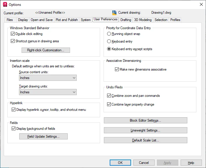 Painel Options do AutoCAD na aba User Preferences mostrando configurações de comportamento