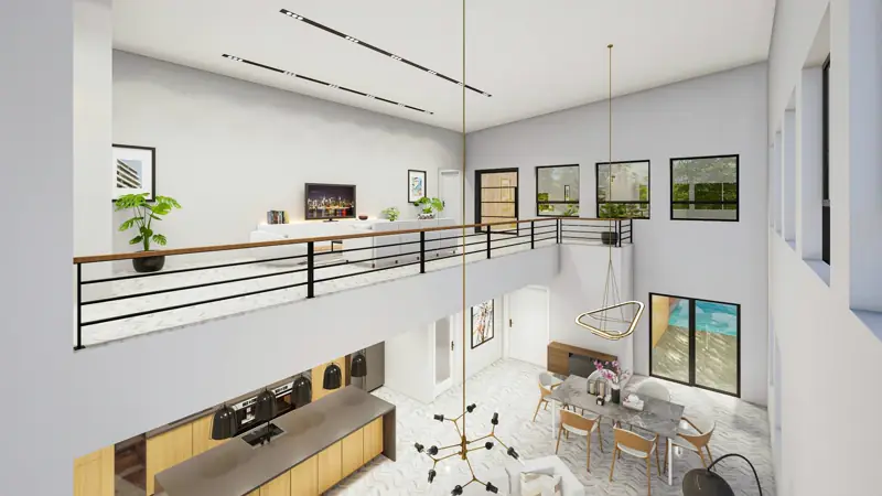 Interior moderno renderizado em 3D mostrando resultado de projeto com componentes e blocos de mobiliário