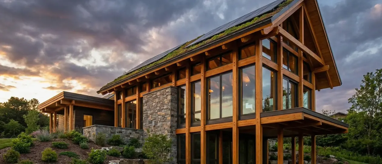 Casa moderna em madeira laminada colada (MLC) com cobertura verde e fechamento em vidro integrada à vegetação ao entardecer