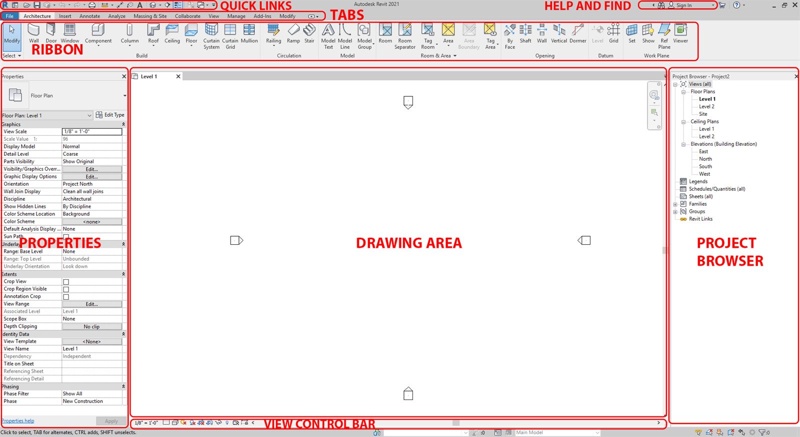 Interface do Autodesk Revit 2021 com as áreas destacadas: abas, Ribbon, painel Properties à esquerda, área de desenho ao centro, Project Browser à direita e View Control Bar embaixo