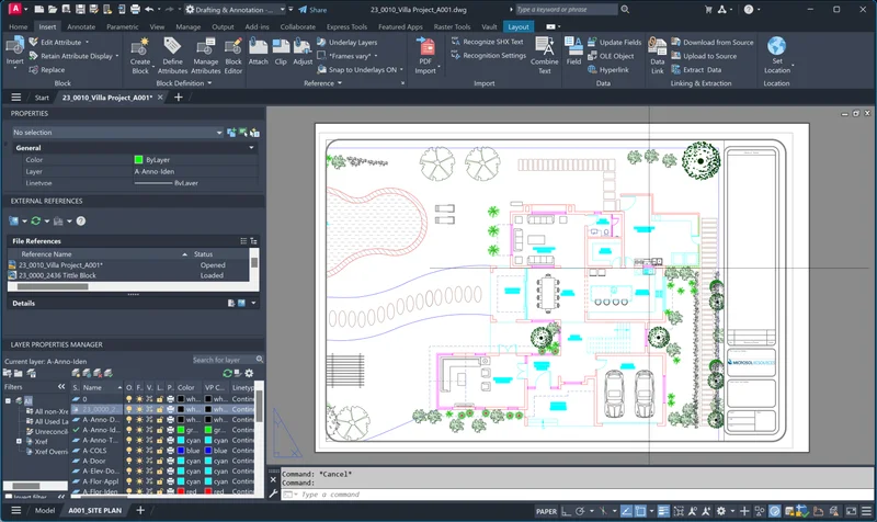 Prancha de projeto no Layout (Paper Space) do AutoCAD, com a planta na viewport e a legenda no canto inferior direito