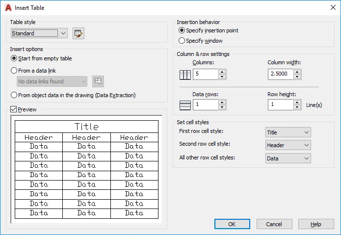 Caixa de diálogo Insert Table do AutoCAD, com Table style, colunas e linhas e o preview com Title, Header e Data