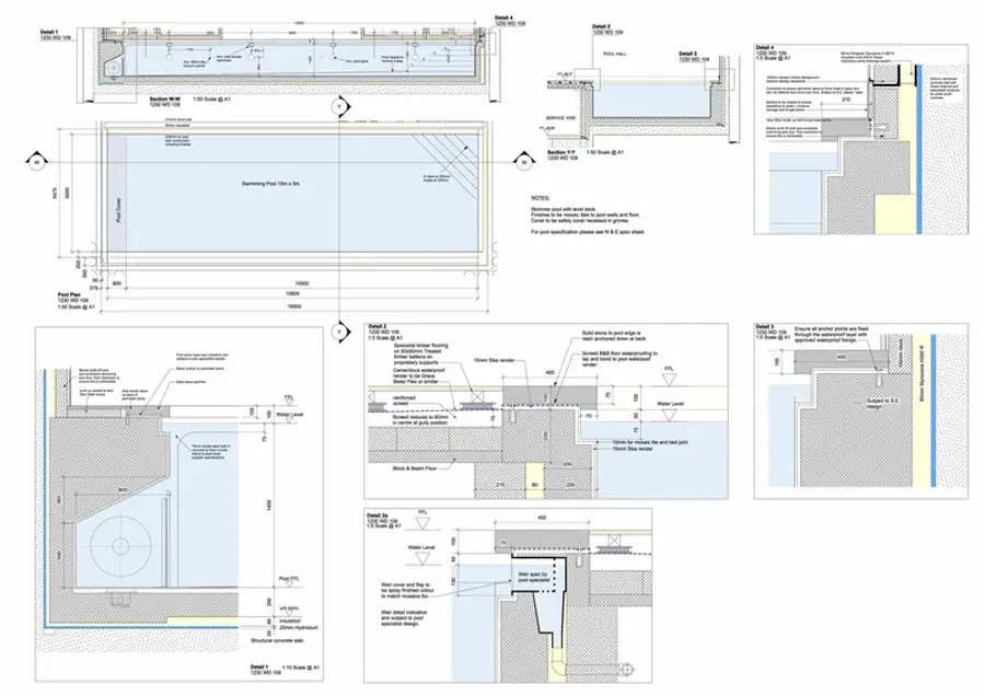 Detalhamento técnico de piscina em corte e planta com cotas, impermeabilização e dreno perimetral conforme NBR 10339