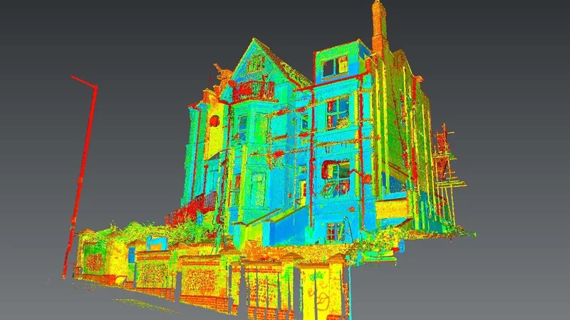 Visualização de uma nuvem de pontos 3D gerada por um laser scanner, mostrando o interior de uma igreja.