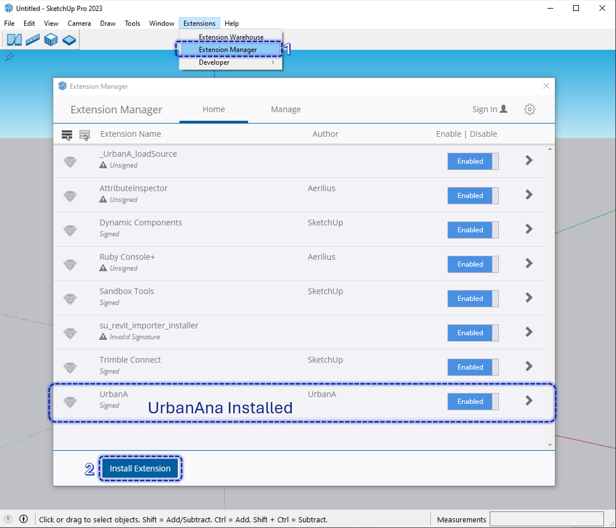 Menu Extensões do SketchUp Pro 2023 aberto sobre o Extension Manager, com a lista de extensões instaladas e o botão Instalar Extensão destacado