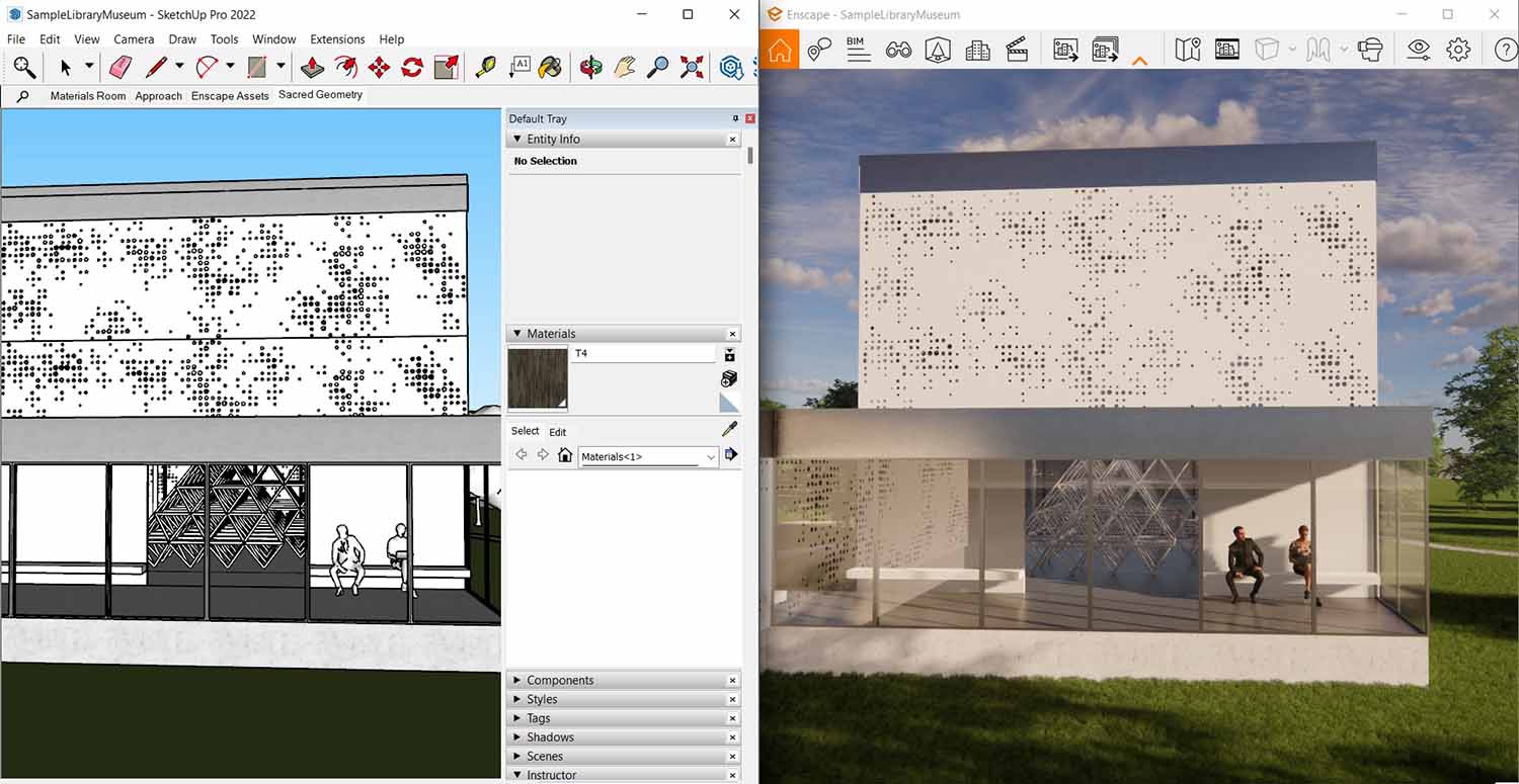 Comparação lado a lado: modelo no SketchUp Pro à esquerda e o mesmo projeto renderizado em tempo real pelo plugin Enscape à direita