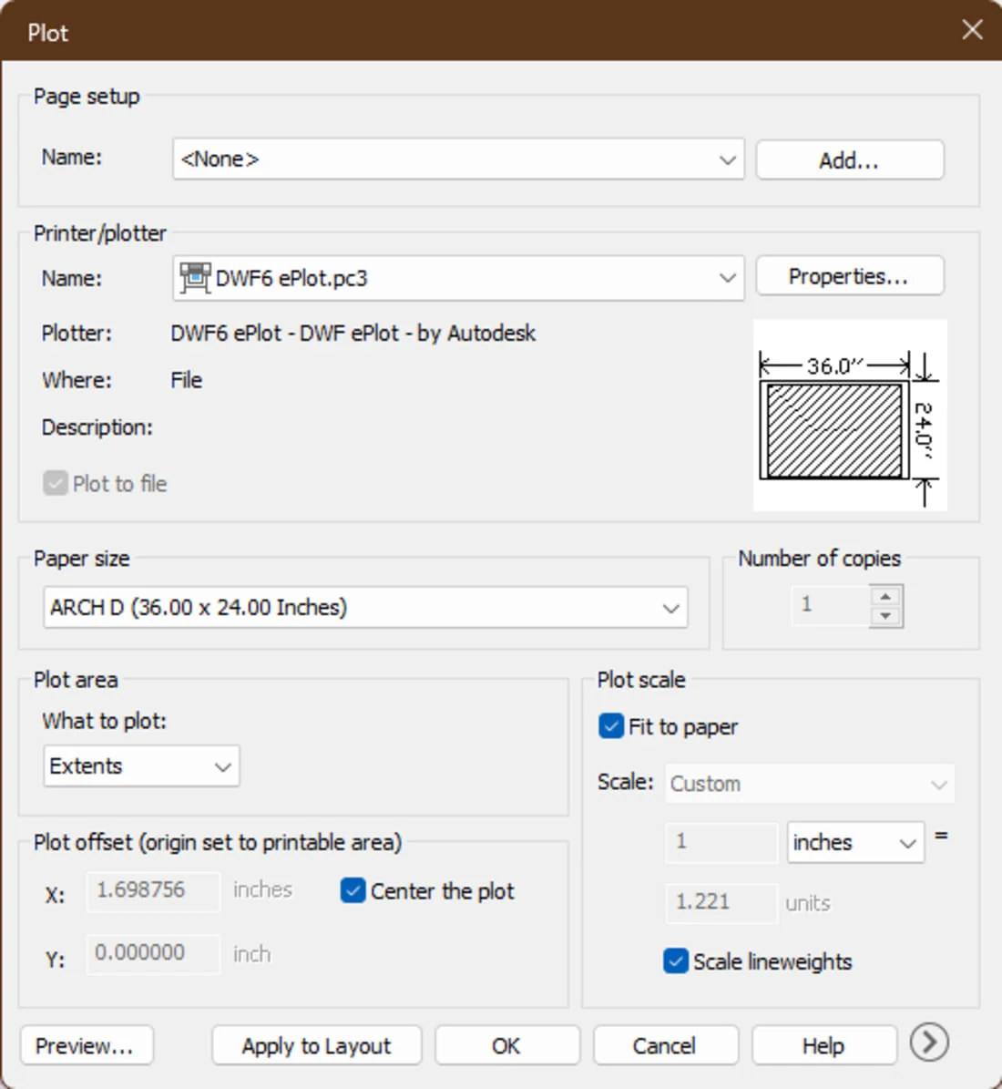 Caixa de diálogo Plot do AutoCAD com Printer/plotter DWG To PDF, Paper size e Plot scale