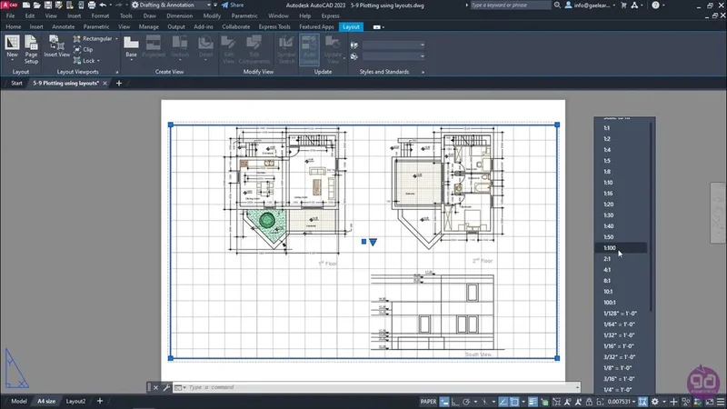 Layout do AutoCAD em modo Paper Space com viewport ativa exibindo planta e fachada, e o painel de escalas 1:50, 1:75, 1:100 e 1:200 aberto a direita