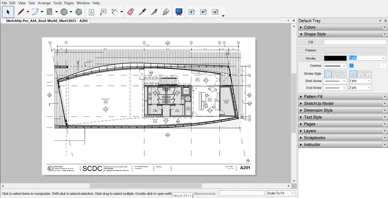 Tela do LayOut mostrando planta baixa cotada com ferramentas Dimension, Label e Pattern Fill no painel lateral