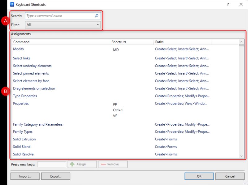 Caixa Keyboard Shortcuts do Revit com campo de busca, lista de comandos com atalhos e caminhos, e os botões Import e Export