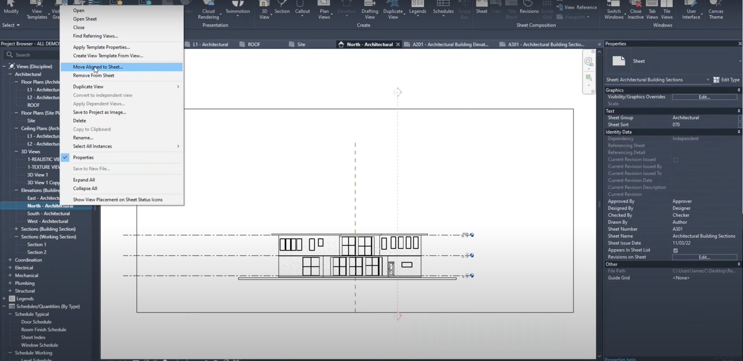 Navegador de Projeto do Revit aberto com vistas organizadas por disciplina, ao lado da paleta de Propriedades de uma prancha