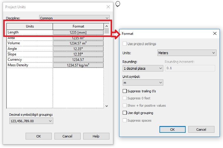 Caixa Project Units do Revit ao lado da caixa Format, mostrando as colunas Units e Format e as opções de arredondamento e símbolo de unidade