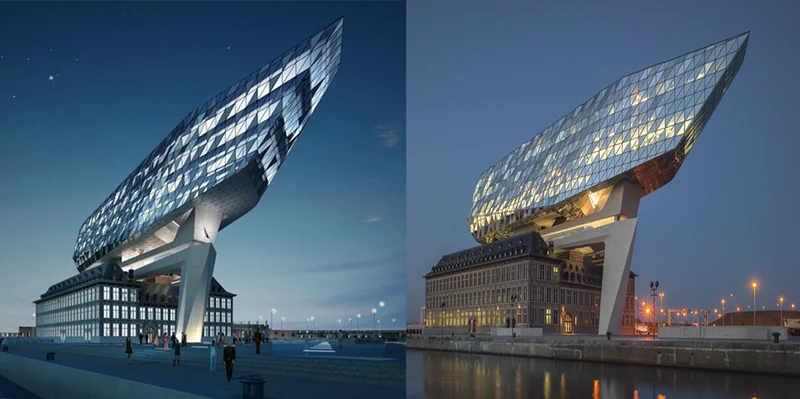 Render futurista de edifício High Tech com tecnologia avançada
