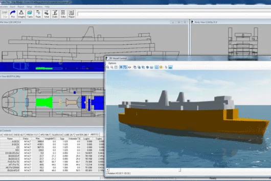 Engenheiro naval trabalhando em um modelo 3D de um navio em um computador