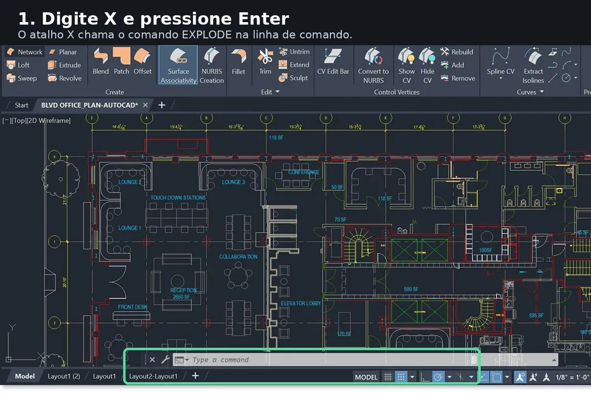 Tela real do AutoCAD com destaque na linha de comando onde o usuário digita X para iniciar o EXPLODE