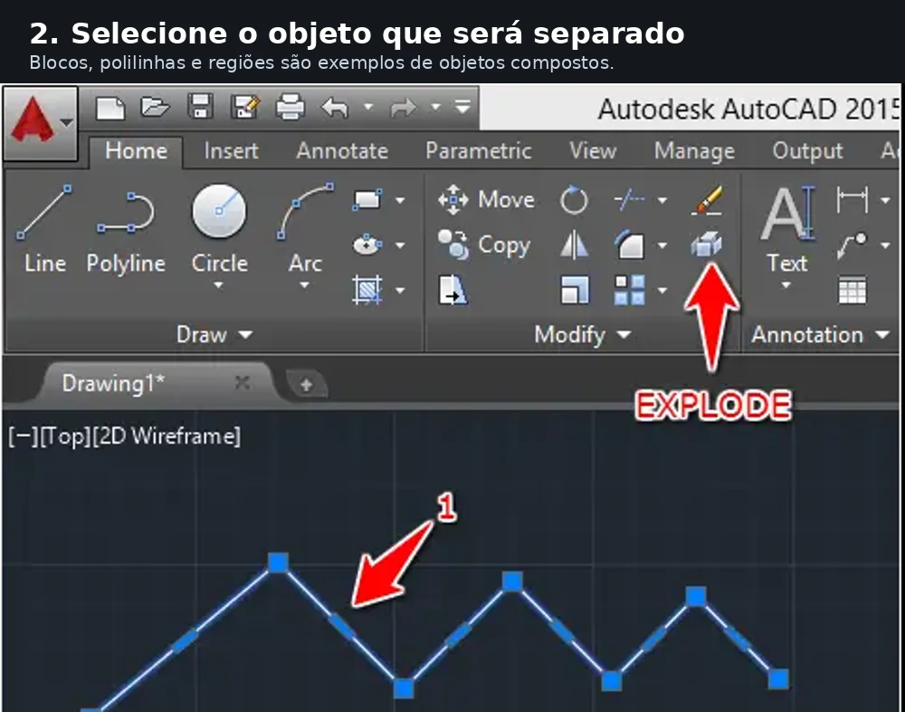 Print real do AutoCAD mostrando uma polilinha selecionada antes de usar o comando EXPLODE