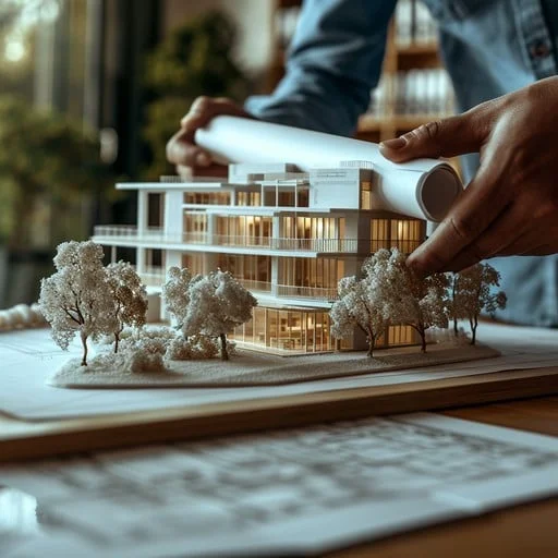 Detalhe de maquete arquitetônica em escala com acabamento minucioso