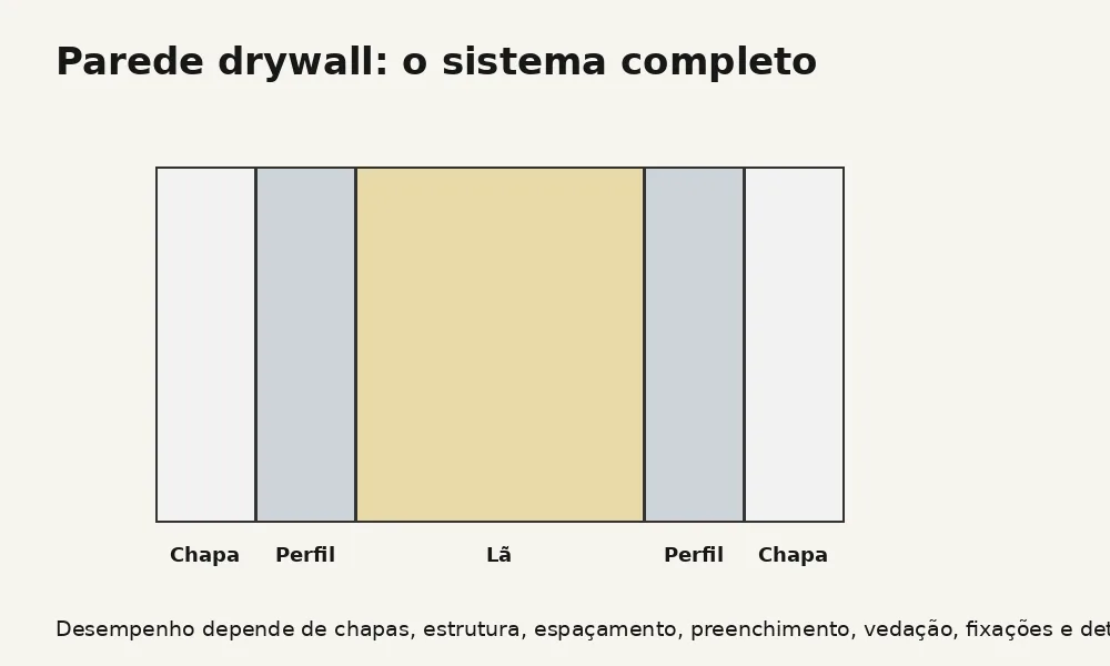 Diagrama em corte das camadas de uma parede de drywall