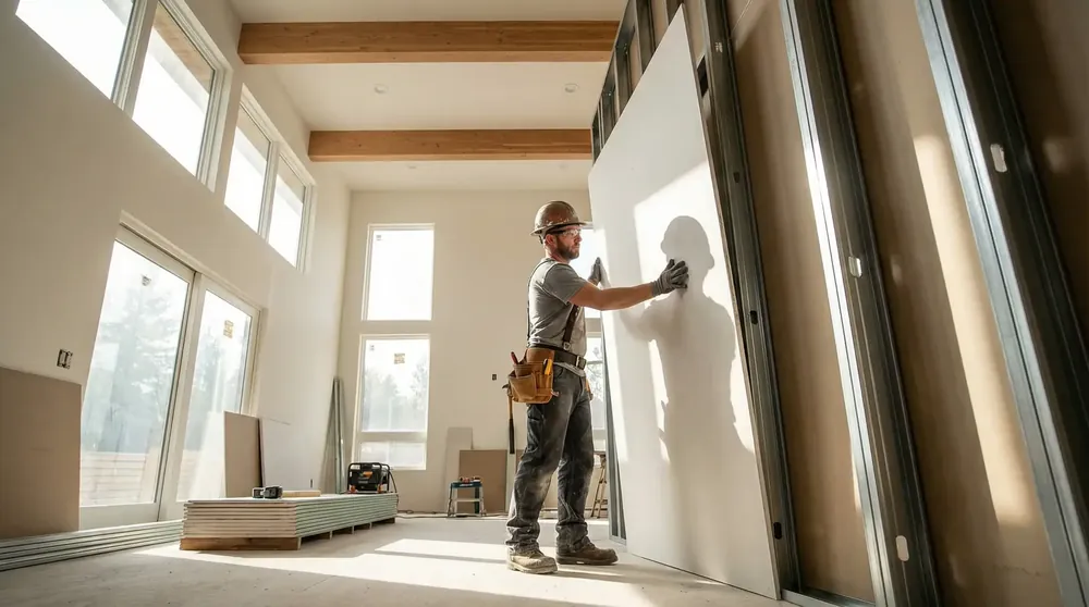Instalador executando acabamento em parede de drywall