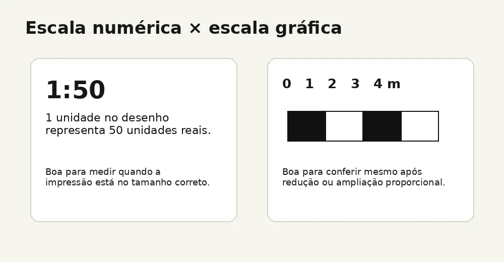Comparação entre escala numérica um para cinquenta e barra de escala gráfica