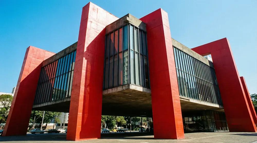 MASP com o volume suspenso e o vão livre voltado à Avenida Paulista