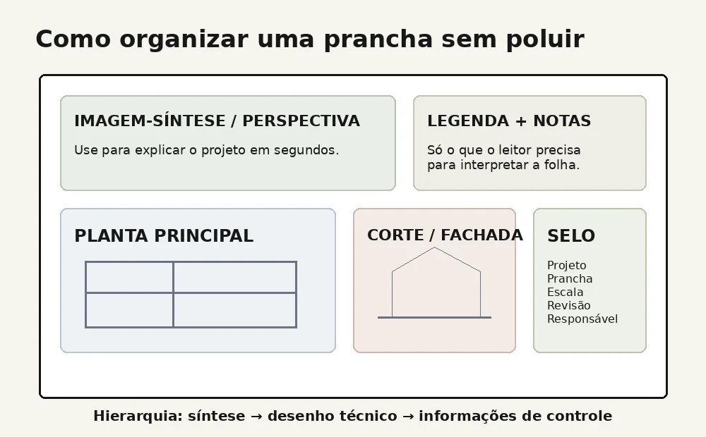 Diagrama editorial mostrando uma organização equilibrada de prancha de arquitetura