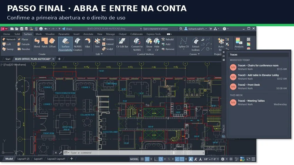 Interface real do AutoCAD aberta após instalação oficial e autenticação