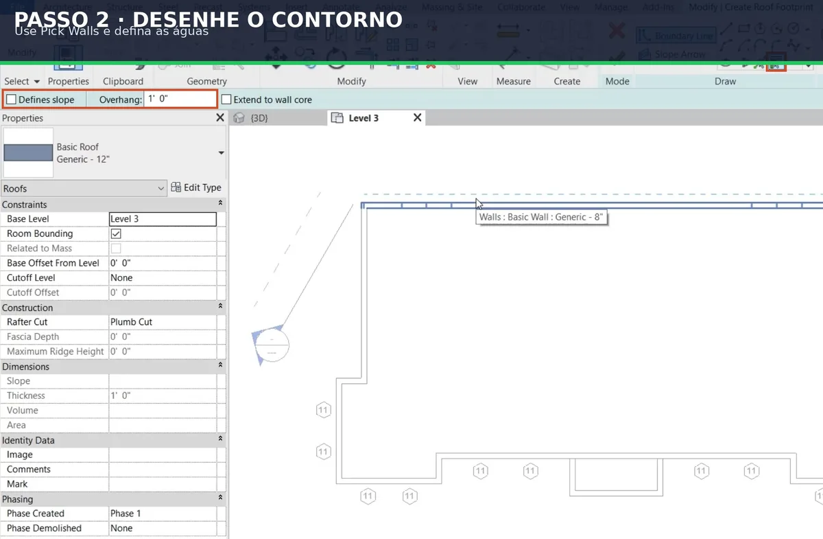 Captura real do software: Desenhe o contorno com Pick Walls