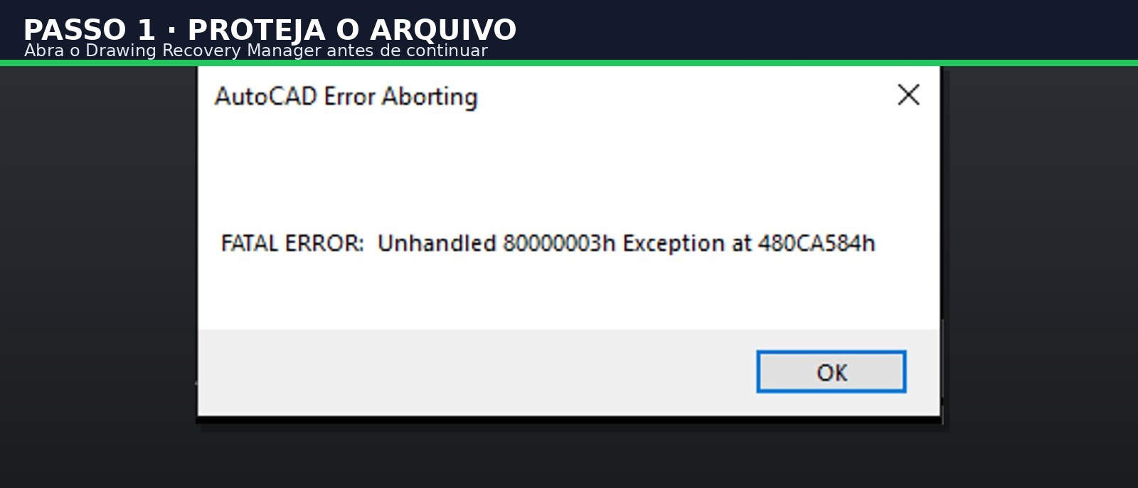 Captura real de AutoCAD para o tutorial AutoCAD fechando sozinho: como salvar o trabalho e descobrir a causa