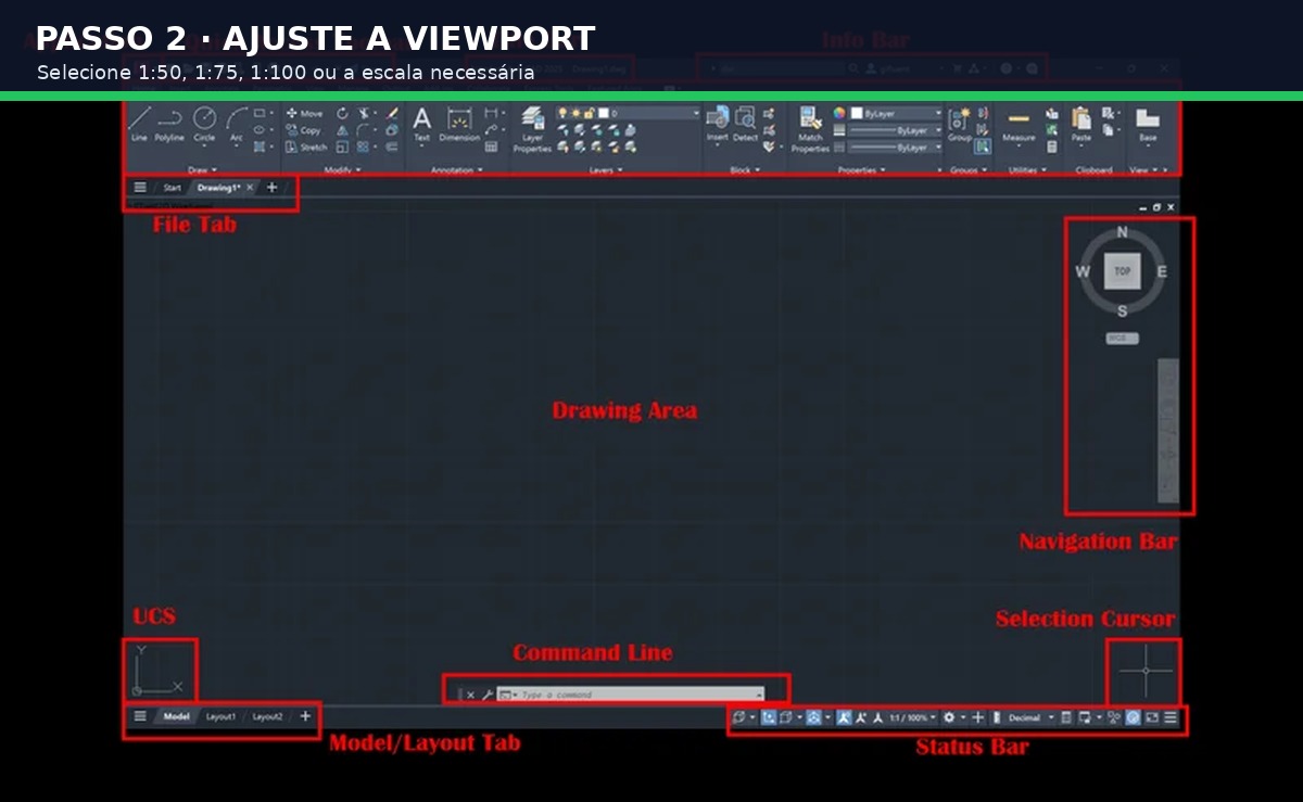 Captura real do software: Selecione a viewport e defina a escala
