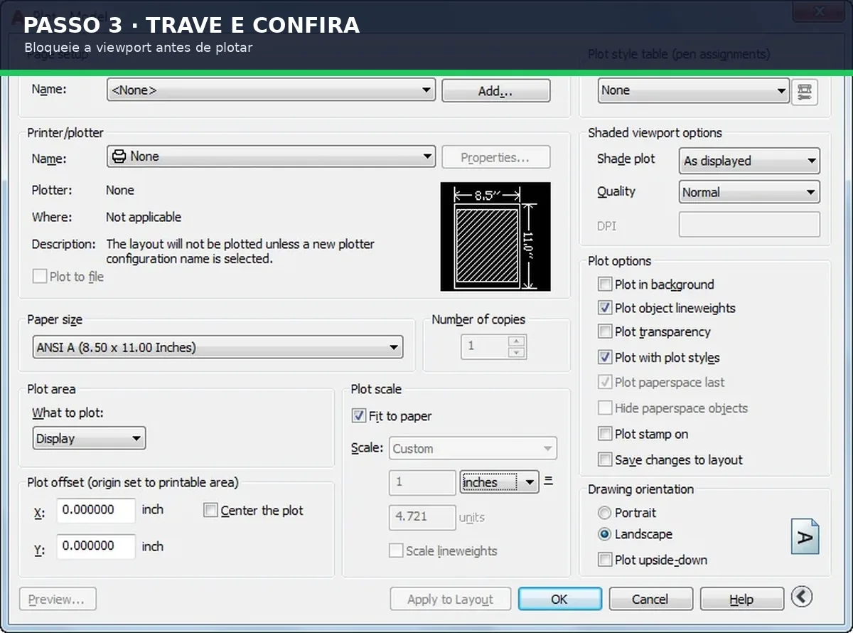 Captura real do software: Bloqueie a viewport e plote em 1:1