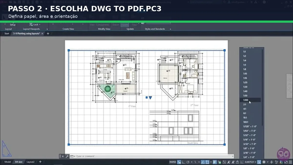 Captura real do software: Escolha PDF, papel e orientação