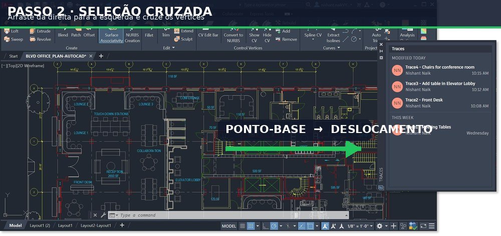 AutoCAD real com seleção cruzada concluída, ponto-base e seta indicando o deslocamento do comando STRETCH