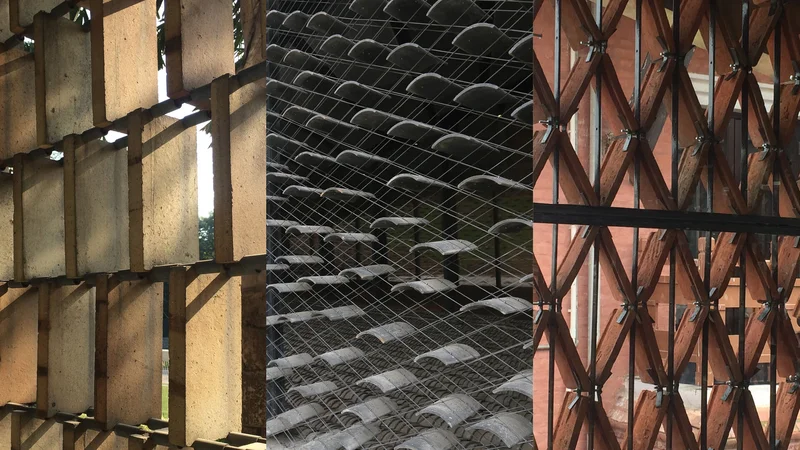 Detalhes de cobogó em três materiais: concreto, telha cerâmica em malha e ripas de madeira em treliça — exemplos de elementos vazados tropicais