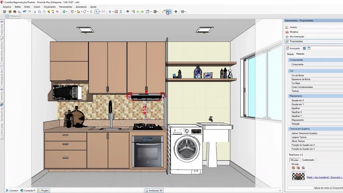Interface do Promob Plus com um projeto 3D de cozinha planejada e o painel de propriedades de materiais à direita