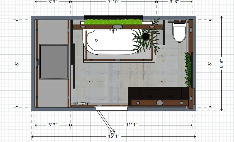 Detalhe de um banheiro de suíte em planta de casa 3 quartos, com foco em otimização de espaço e iluminação natural.