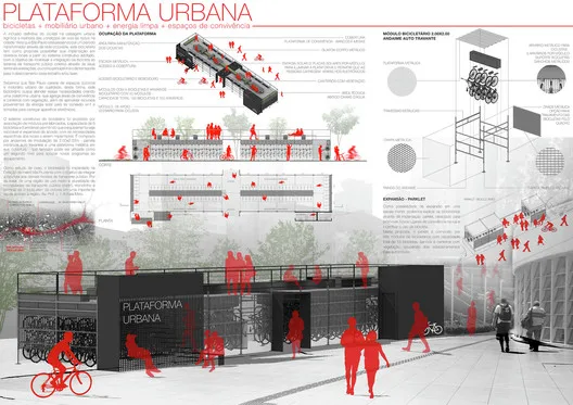 Prancha de arquitetura completa de uma plataforma urbana com titulo, perspectiva, plantas, cortes e modulo detalhado diagramados em uma folha
