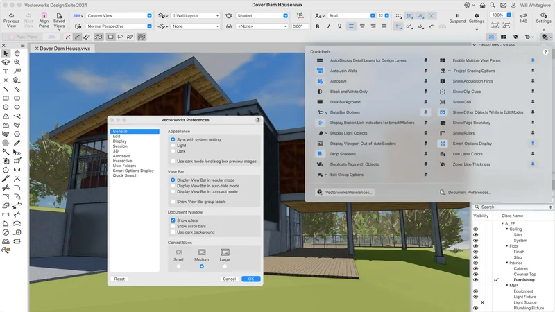 Interface de software de modelagem arquitetônica com viewport 3D, paleta de ferramentas e painel de preferências aberto