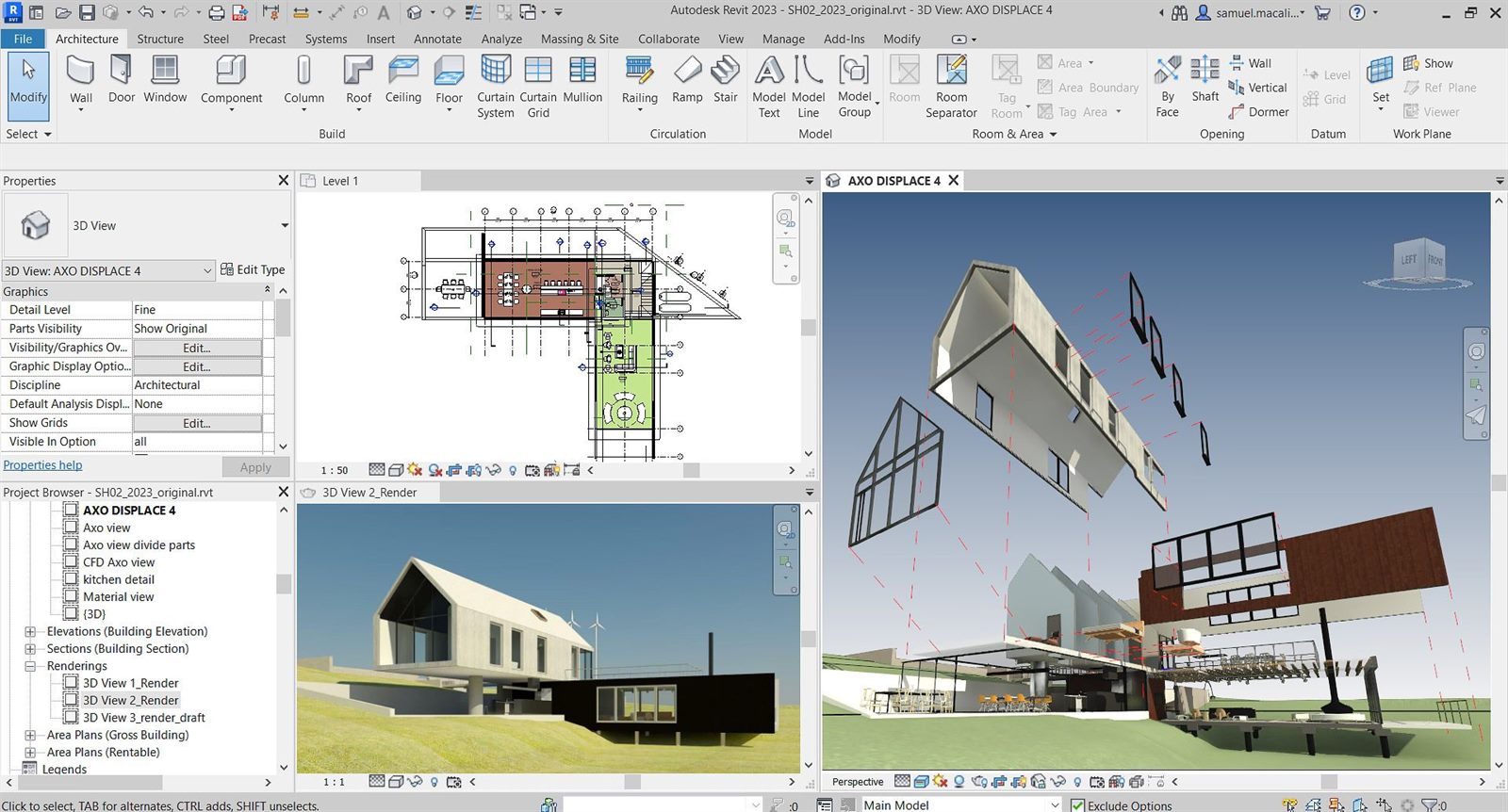 Revit com planta baixa, render externo e axonometria explodida da mesma casa, todos gerados do mesmo modelo