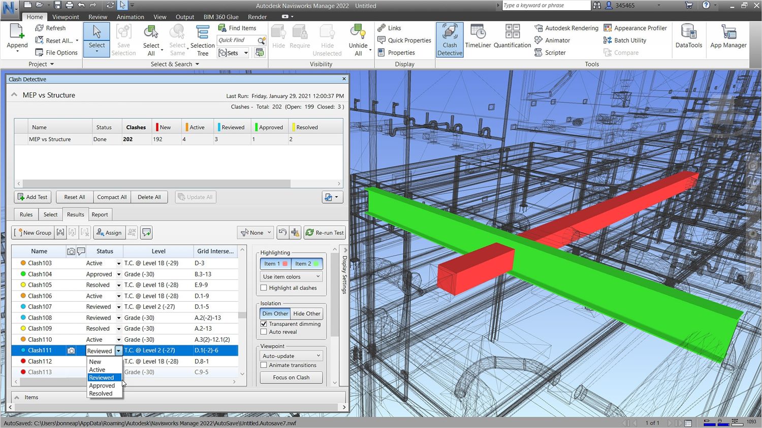 Navisworks Clash Detective acusando 202 conflitos entre instalações e estrutura, com a lista de choques e, no 3D, um duto vermelho atravessando uma viga verde