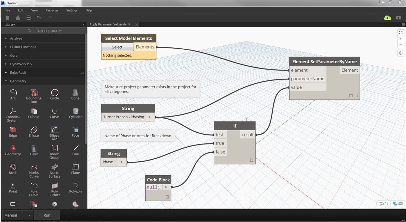 Interface do Dynamo para Revit com nós conectados: Select Model Elements, String, If e Element.SetParameterByName