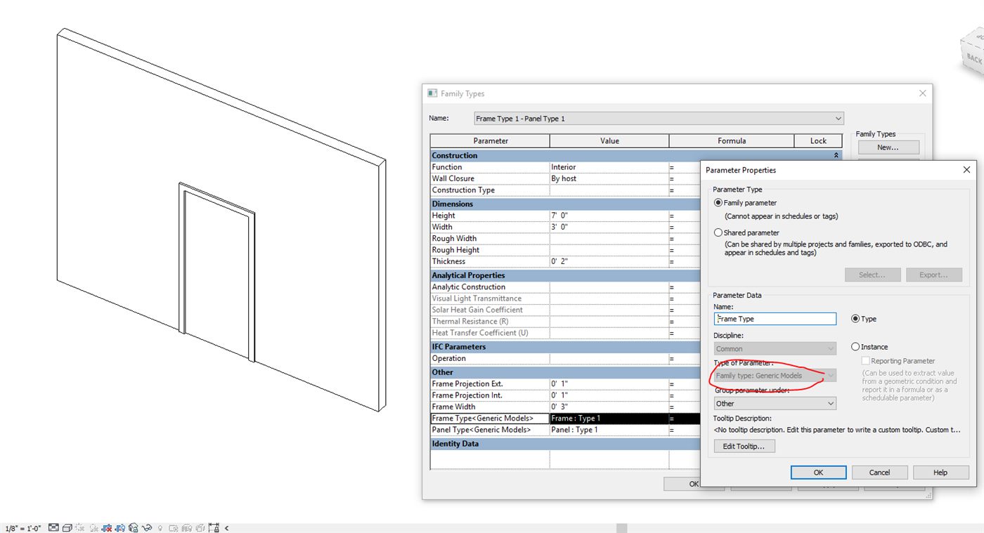 Editor de famílias do Revit com a caixa Family Types mostrando parâmetros de altura, largura e espessura de uma porta, e a caixa Parameter Properties aberta